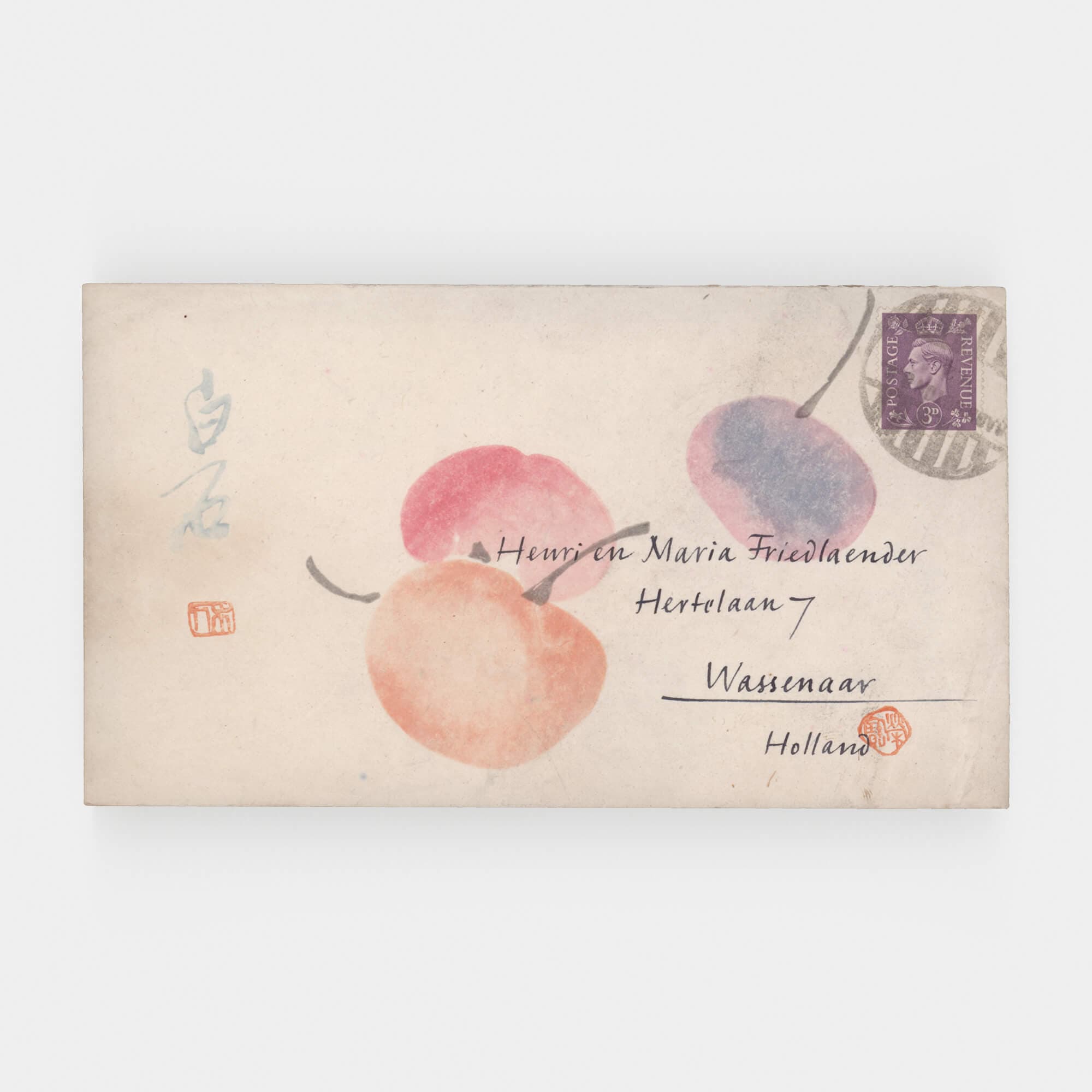 An envelope features three colored spots, a purple stamp in the corner.